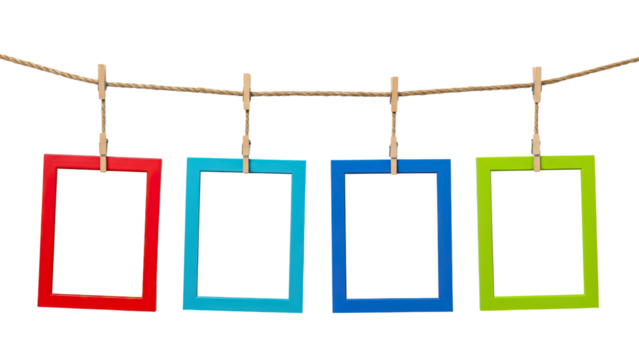 Clean White Empty Frames Hanging with Colorful Borders on Rope on transparent 