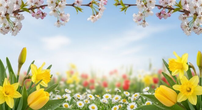 A vibrant spring meadow with yellow daffodils, white daisies, and cherry blossoms under a clear blue sky. - Powered by Adobe