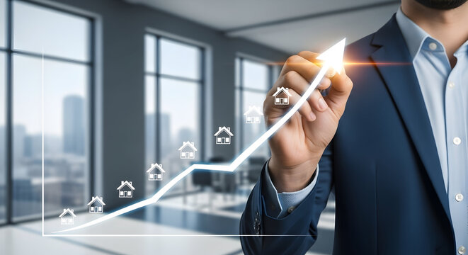Real Estate Investment Growth: Businessman Draws Upward Trend Graph with House Icons in Modern Office