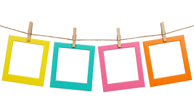 Four Multicolor Polaroid Frames Hanging on Rope for DIY Wall Decor on transparent background 