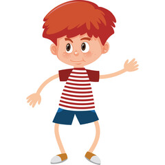 Cartoon illustration of a freckled young boy with short red hair wearing a striped t-shirt and blue shorts waving his hand with a playful expression on his face against a clean white background