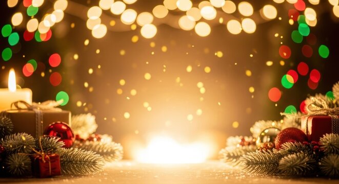 Christmas decorations with a candle and presents on a wooden table.