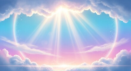 A radiant, ethereal sky with a rainbow arching across it, casting a soft glow and a halo effect around the sun