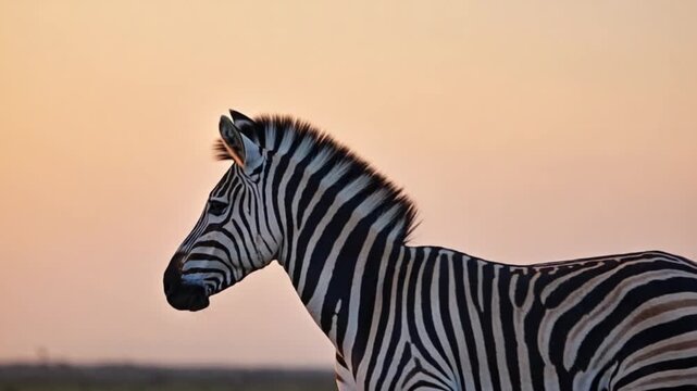 Close up shot of zebra profile against a soft pink sky at sunset in the african savanna zebra video