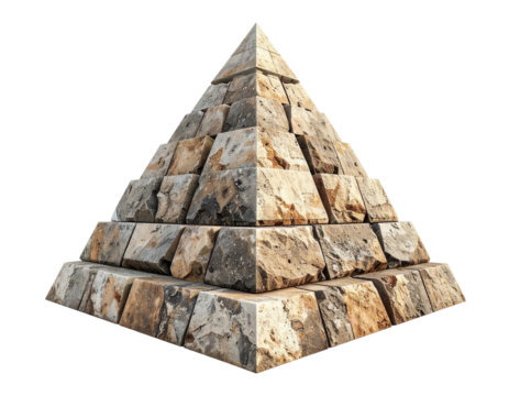 Stacked, layered tan & gray stone pyramid, on black