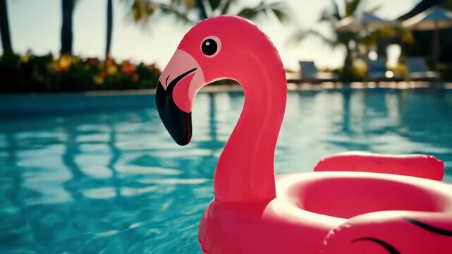 Inflatable Flamingo Float in Swimming Pool - A vibrant pink inflatable flamingo float is shown in a sparkling blue swimming pool.