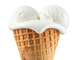 Waffle cone topped with two scoops of vanilla ice cream melting