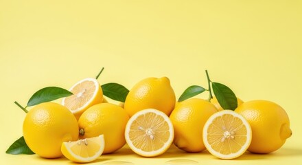 Fresh lemons on a yellow background.
