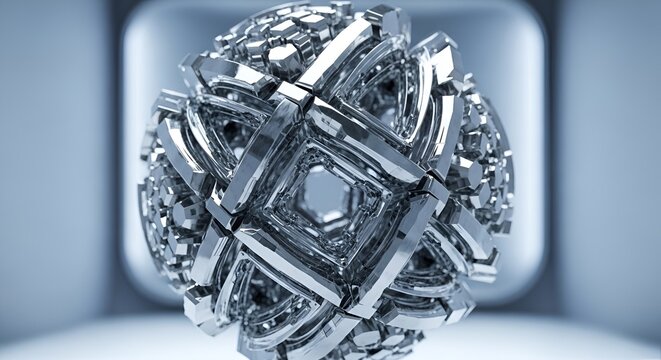 Complex Metallic Structure with Geometric Patterns and Reflective Surface Texture