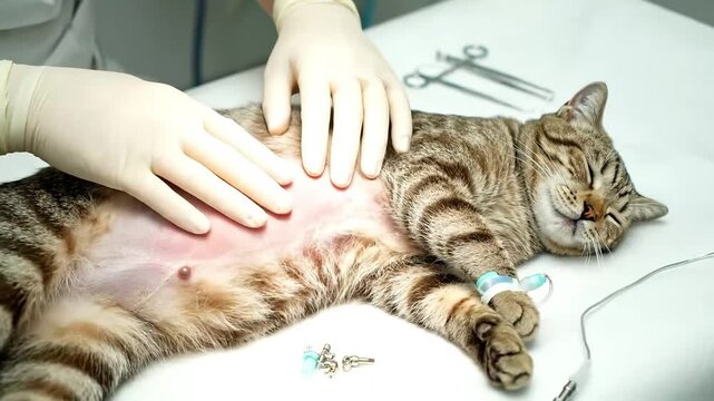 Tabby Cat Undergoing Veterinary Procedure: Close-Up of Anesthetized Feline on Operating Table