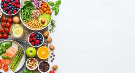 A colorful, healthy meal with a variety of fruits, vegetables, and grains on a rustic wooden table.