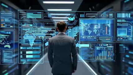 Business professional analyzing data in a high-tech server room with digital displays and graphs - Powered by Adobe