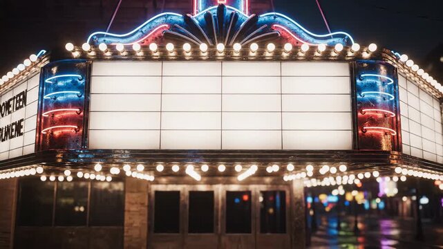 Retro Theater Marquee at Night - A vintage movie theater marquee, illuminated with neon lights and classic light bulbs, stands at the entrance of the theater.