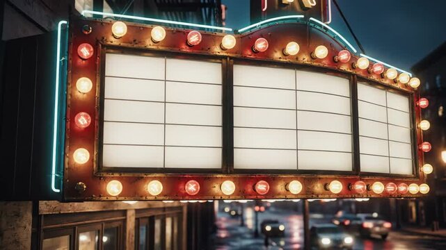 Vintage Marquee Theater Sign at Night - A close-up shot of a vintage movie theater marquee, illuminated with warm, glowing bulbs.
