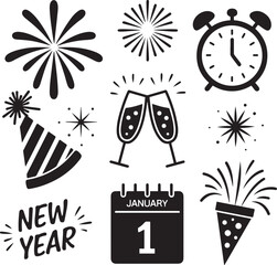 Naklejka premium New Year Celebration Icons Clock Fireworks Party Design