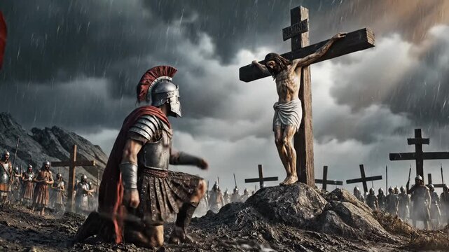 Roman Soldier Witnessing the Crucifixion - A Roman soldier, clad in armor and a red cloak, looks on with a troubled expression.