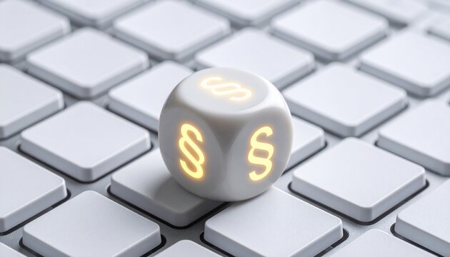 Conceptual image of a legal symbol cube on a keyboard representing the law online - Powered by Adobe