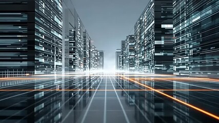 Futuristic urban landscape with towering glass buildings reflecting light and digital elements - Powered by Adobe