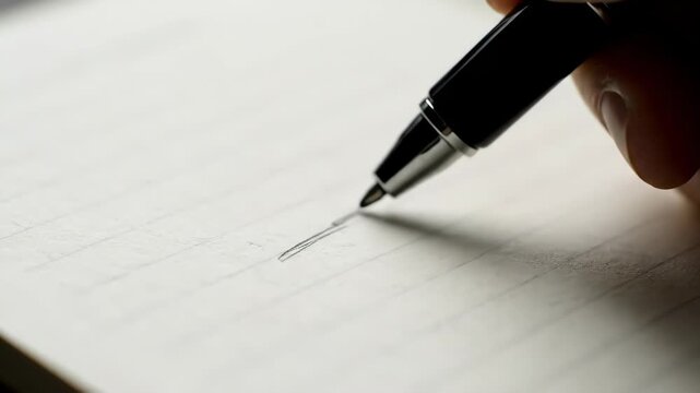 A close-up shot of a hand holding a black pen drawing a line on a white lined paper.