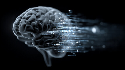 Digital brain with flowing encrypted data streams, symbolizing artificial intelligence, cybersecurity, information processing, innovation, and advanced technology systems.
