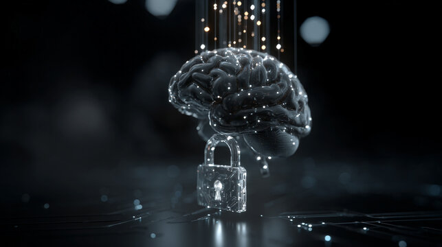 Digital brain with flowing encrypted data streams, symbolizing artificial intelligence, cybersecurity, information processing, innovation, and advanced technology systems.
