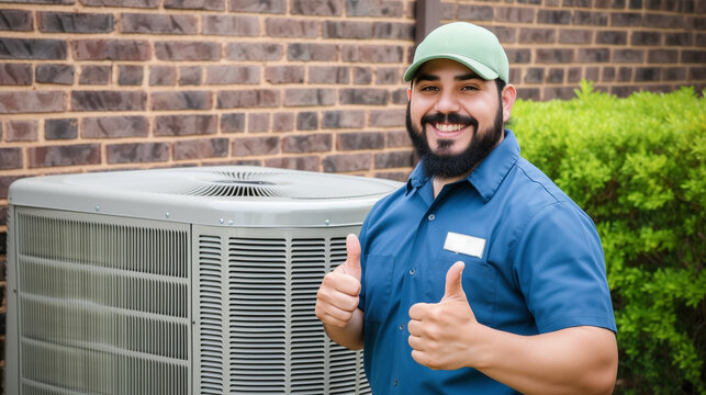 Smiling HVAC Technician in a Blue Uniform and Green Hat Giving Two Thumbs Up Next to an Outdoor Air Conditioning Unit. Successful home service, appliance repair, and customer satisfaction concept - Powered by Adobe