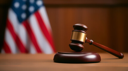 Wooden Gavel and Sounding Block on a Judge's Bench with the American Flag Blurred in the Background. Justice, legal process, and US court system concept for attorney advertising, constitutional law