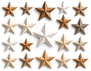 Obraz premium Collection of 3D decorative stars in wood, paper, and metallic textures on white, ideal for holiday and festive graphic design