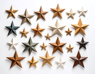 Obraz premium A collection of various decorative stars in different colors and sizes arranged on a white background