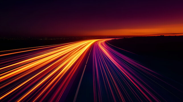 Vibrant Long Exposure of Highway Traffic Light Trails Magenta and Orange Colors Converging on the Horizon at Dusk. Speed and technology concept for telecommunication, high-speed data transfer - Powered by Adobe