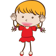 Cartoon Child With Blonde Pigtails Wearing A Red Dress And Red Shoes With Open Mouth And Hands Near Ears Isolated On White Background