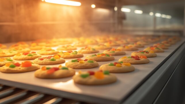 Industrial Baking Tray of Fresh Cookies Topped with Colorful Candied Fruit Pieces Steaming in a Commercial Oven. Food industry, dessert packaging, commercial bakery, or holiday baking advertising