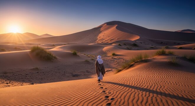 A person walking through a vast, arid desert landscape at sunset, leaving footprints in the sand.