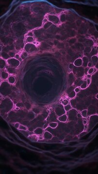 Surreal journey into a futuristic AI cellular core, featuring a dark vortex surrounded by glowing purple energy pathways