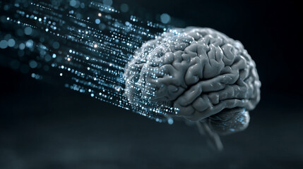 Digital brain with flowing encrypted data streams, symbolizing artificial intelligence, cybersecurity, information processing, innovation, and advanced technology systems.
