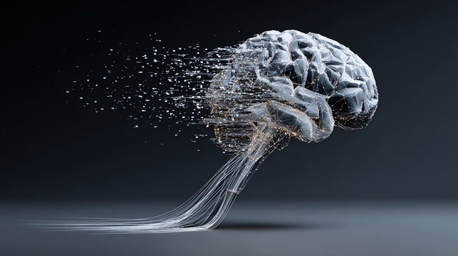 Digital brain with flowing encrypted data streams, symbolizing artificial intelligence, cybersecurity, information processing, innovation, and advanced technology systems.
