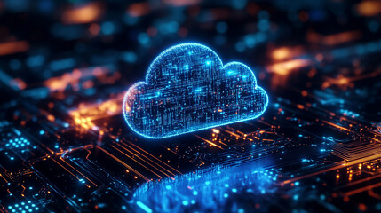 Digital cloud hovering above circuit board futuristic technology concept representing cloud computing data flow virtual infrastructure glowing elements and abstract tech visualization