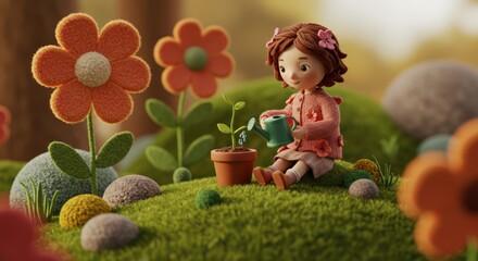 A cute girl tending a small plant in a whimsical garden setting.