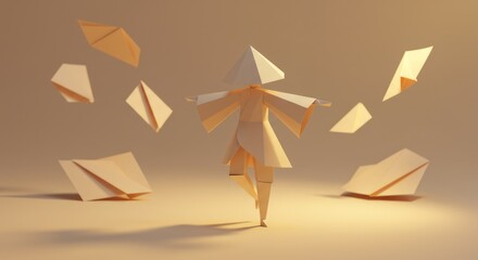 Low poly origami figure meditating amidst floating paper planes on beige background.