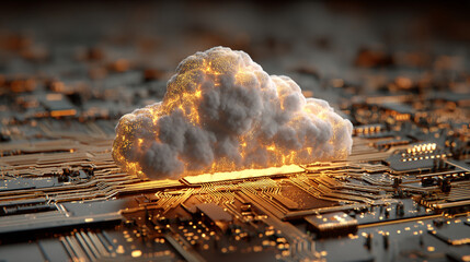 Digital cloud hovering above circuit board futuristic technology concept representing cloud computing data flow virtual infrastructure glowing elements and abstract tech visualization