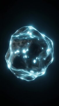 Scientific visualization of a microscopic cellular organism, an abstract glowing blue orb with an intricate network of luminous particles