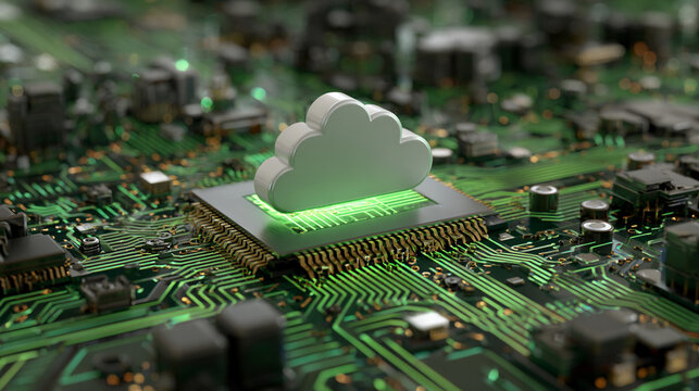 Digital cloud hovering above circuit board futuristic technology concept representing cloud computing data flow virtual infrastructure glowing elements and abstract tech visualization