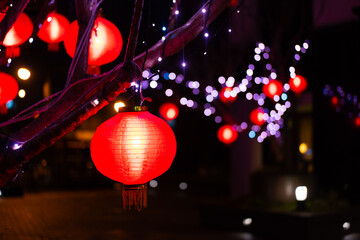 Chinese red lanterns at night during the New Year festival