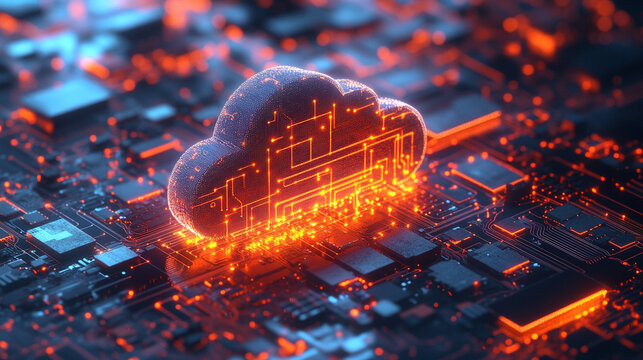 Digital cloud hovering above circuit board futuristic technology concept representing cloud computing data flow virtual infrastructure glowing elements and abstract tech visualization - Powered by Adobe