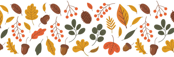 Obraz premium Fall-inspired decorative border with colorful leaves, berries, pine cones, and acorns, nature vector illustration