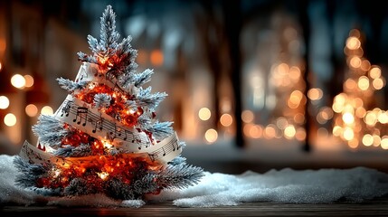 Miniature Christmas tree with musical notes, whimsical and festive, representing holiday carols and joy, in a snowy landscape with bokeh.