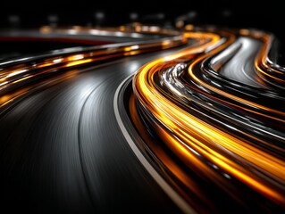 Fototapeta premium Abstract road with dynamic light trails, energetic and fluid, representing speed and technology, against a dark blurred background.