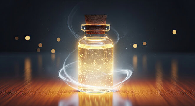 A small glass bottle with a cork lid, emitting a golden glow, surrounded by ethereal light and swirling patterns on a wooden surface.