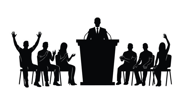 Excited audience listening to speaker at podium silhouette illustration