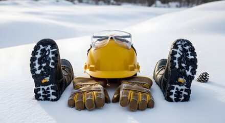 Winter work safety gear including a hard hat, goggles, gloves, and boots arranged in fresh snow with a pinecone